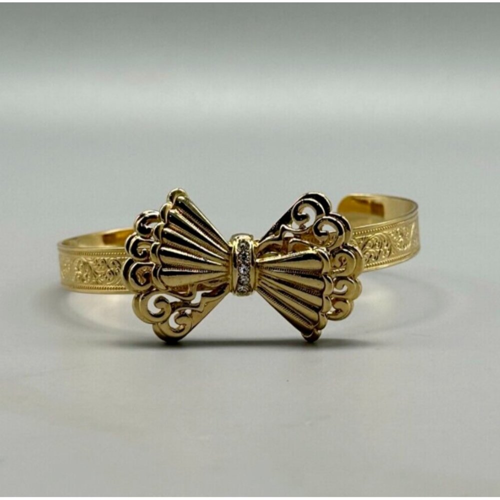 Vintage Bow Bracelet Gold Cuff Embossed Rhinestone Open Band Adjustable 7"